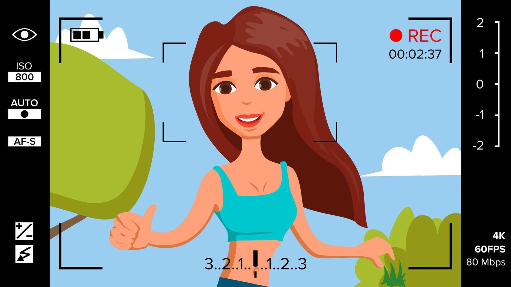 Blogger Girl Records Video Blog Vector. Vlog Concept. Woman Online Internet Streaming Video. Handsome Female Leading Online Stream Channel. Flat Cartoon Illustration vector