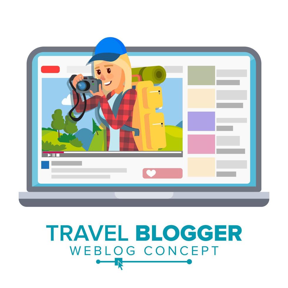 Travel Weblog Concept Vector. Personal Blog About Tourism And Hiking. Blogosphere Online. Girl Popular Videoblogger. Isolated Flat Cartoon Illustration vector