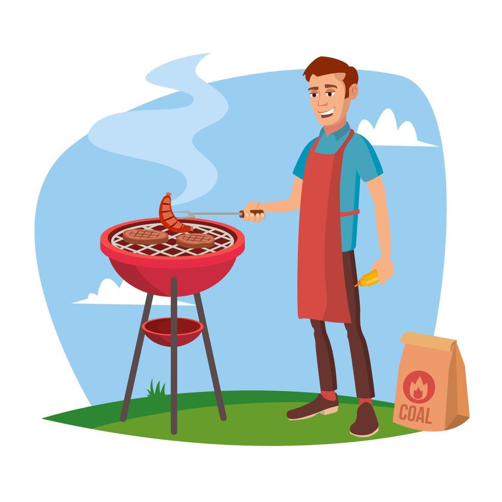 vector de cocina barbacoa. clásico hombre sonriente americano asando a la parrilla. aislado en blanco ilustración de personaje de dibujos animados