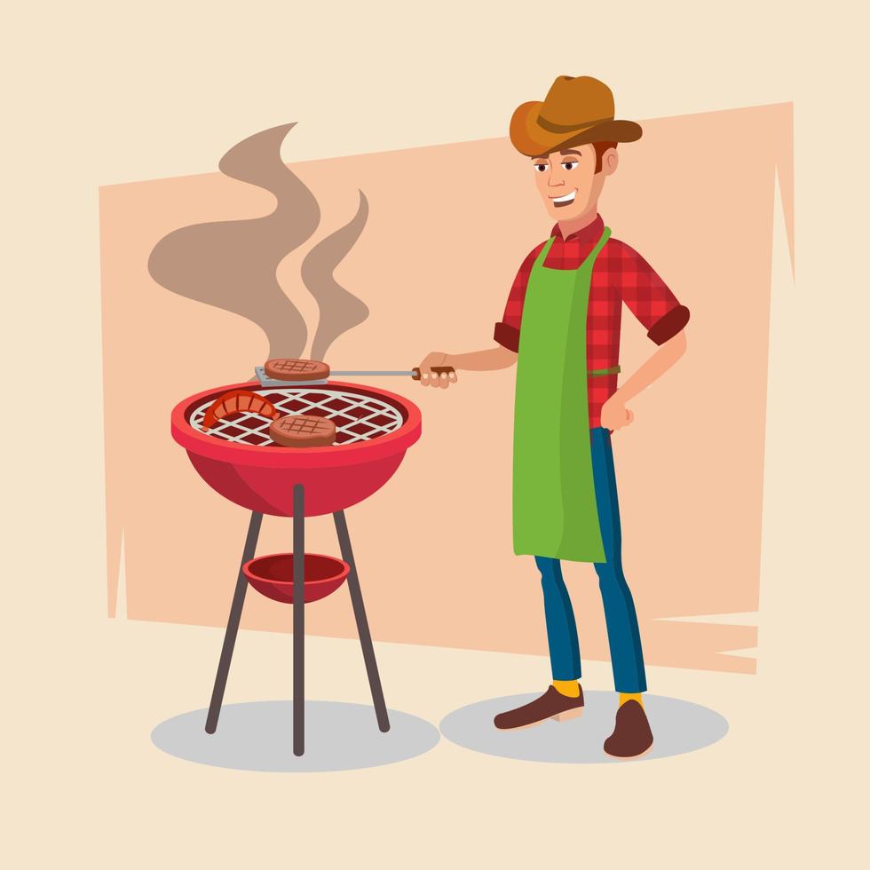 BBQ Party Vector. Barbecue Tools, Grill, Forks With Happy Man. Flat Cartoon Illustration vector