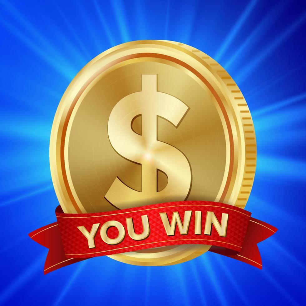 Big Winner Poster Vector. You Win. Dollar Golden Coin With Red Ribbon. vector
