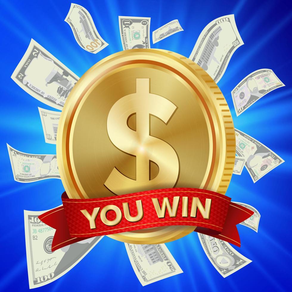 Big Winner Poster Vector. You Win. Dollar Golden Coin With Red Ribbon. vector