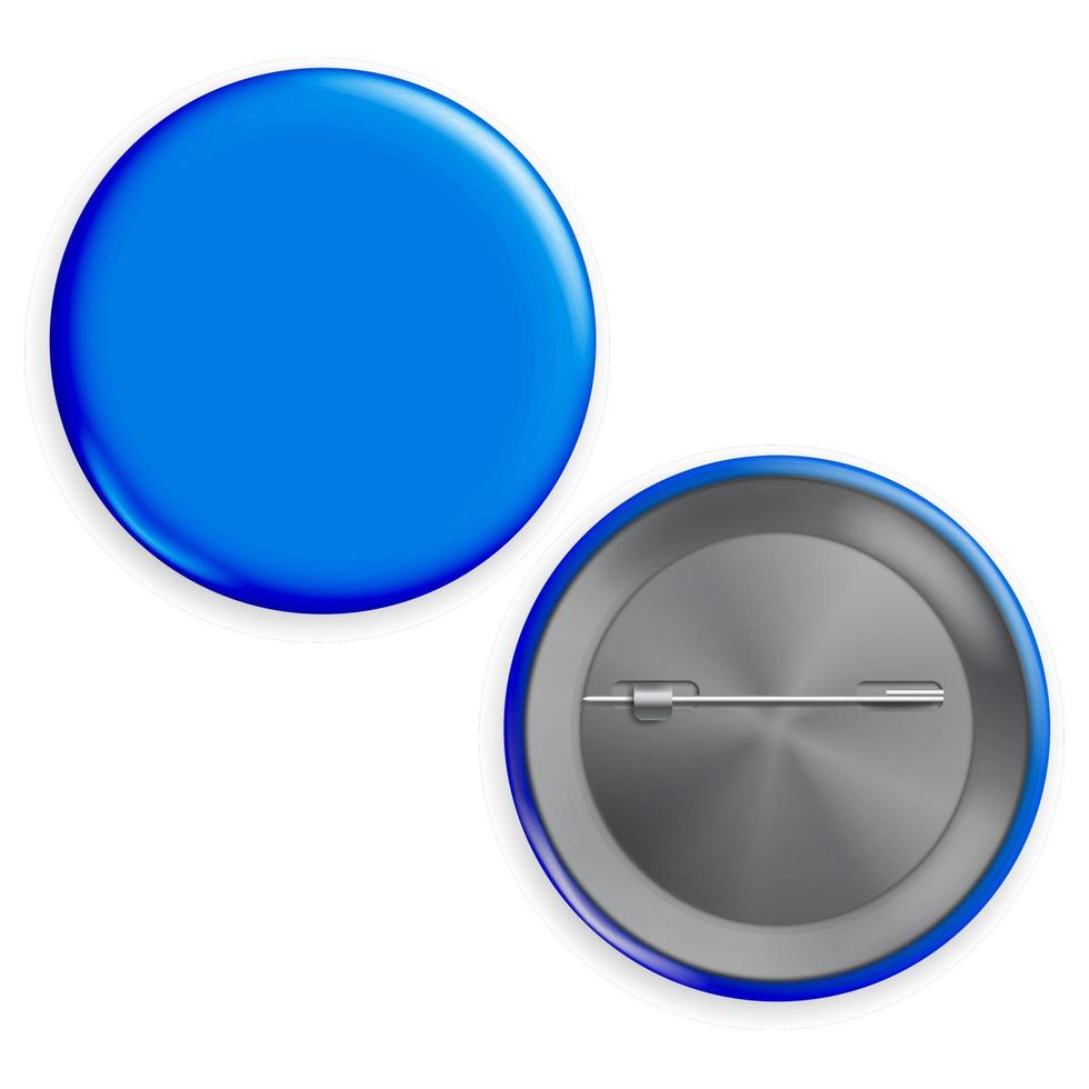 vector de insignia azul en blanco. Conjunto de insignia de botón circular en la parte delantera, trasera.