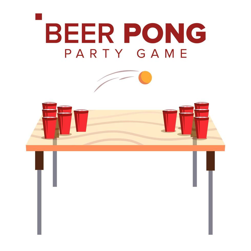 Beer Pong Game Vector. Alcohol Party Game. Red Cups On Table And Ball. Isolated Flat Illustration vector