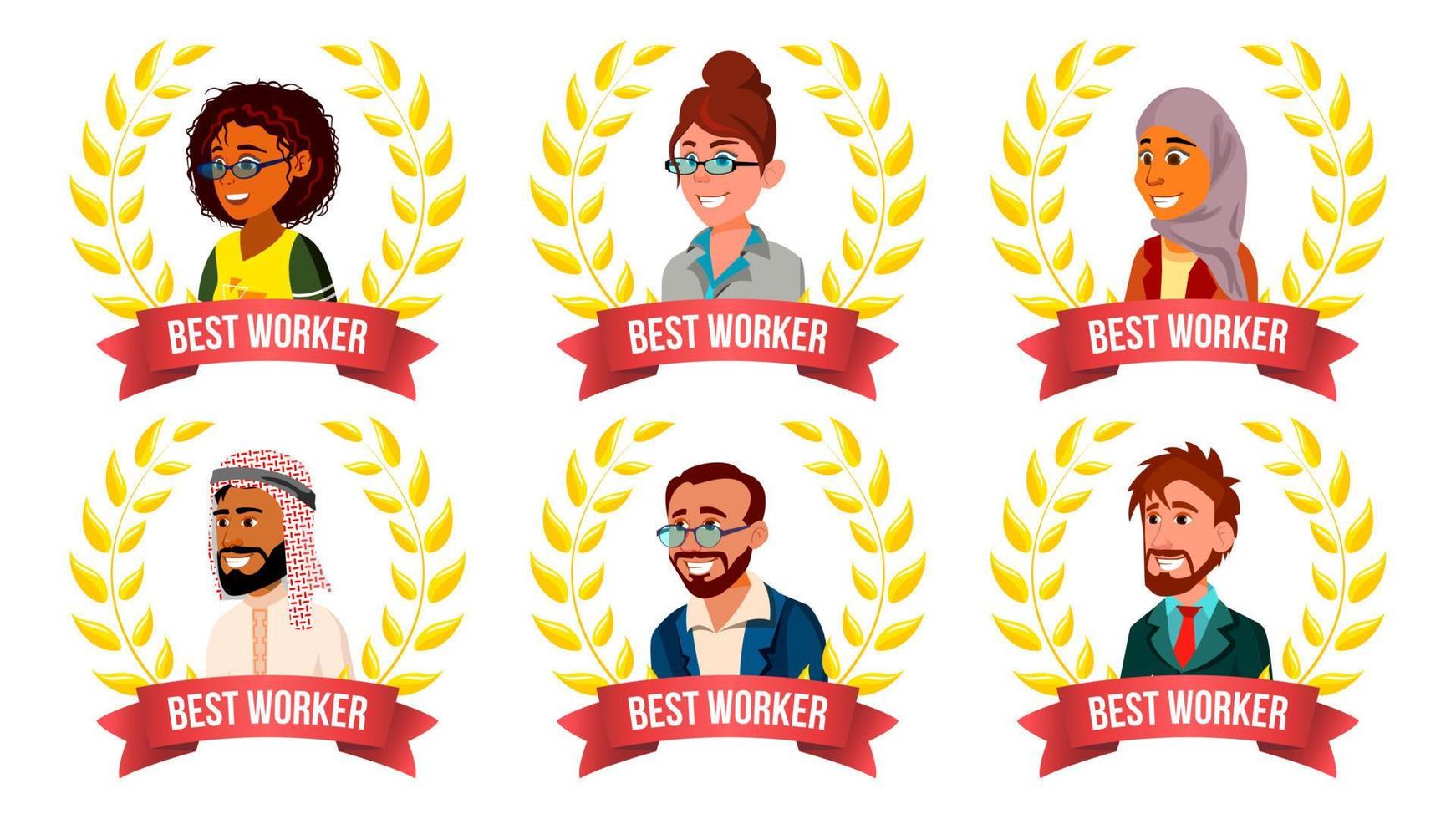 Best Worker Employee Set Vector. Man, Woman. Arab, Turkish, European, Afro American. Award Of The Year. Gold Wreath. The Most Great Results. Smiling. Leader Business Cartoon Illustration vector