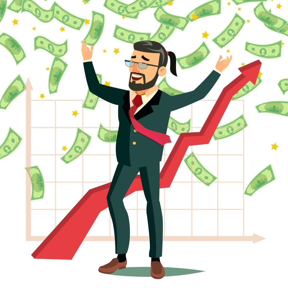 Dollar Rain Businessman Vector. Rain Banknotes Cash. Hands Raised. Rich And Successful. Isolated Flat Cartoon Character Illustration vector