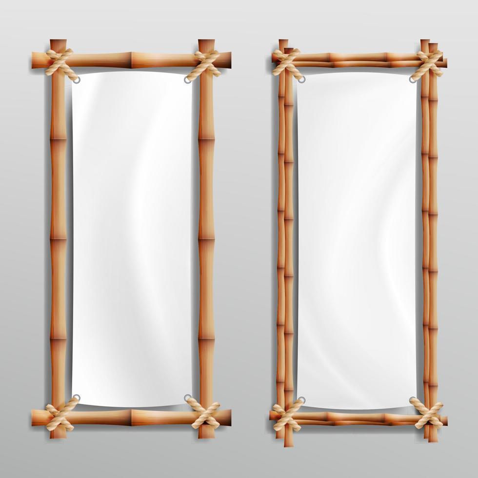 Bamboo Frame Realistic. Vector Bamboo Stems With Rope And Paper Or Silk Canvas.