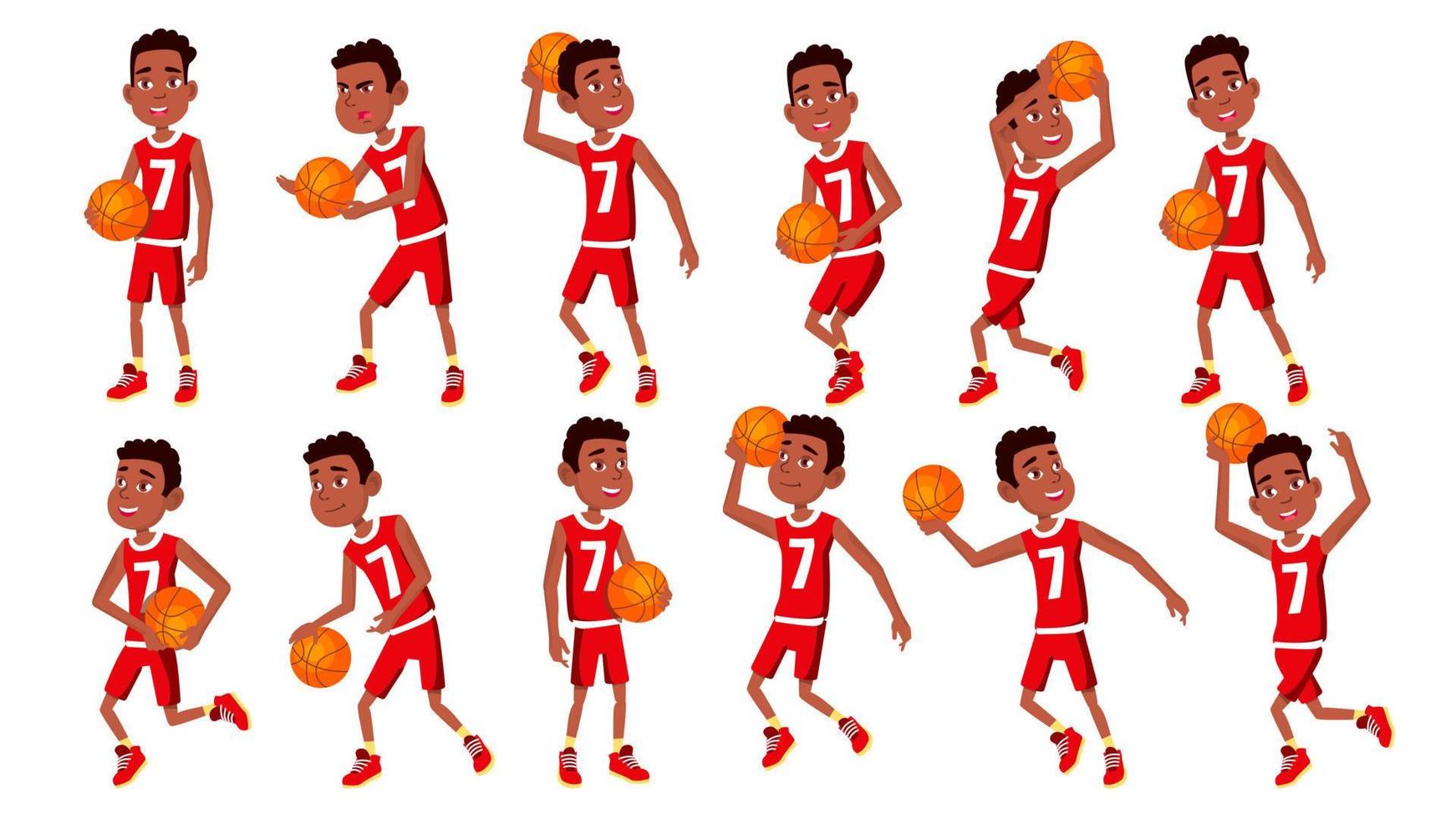 vector de conjunto de niños de jugador de baloncesto. en acción. conduce, jugando con una pelota. estilo de vida saludable. salto corriendo con pelota. ilustración de dibujos animados plana aislada