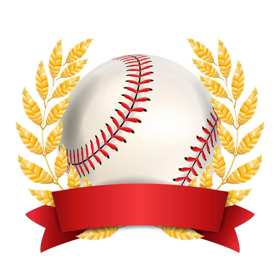 Baseball Award Vector. Sport Banner Background. White Ball, Red Stitches, Red Ribbon, Laurel Wreath. 3D Realistic Isolated Illustration vector