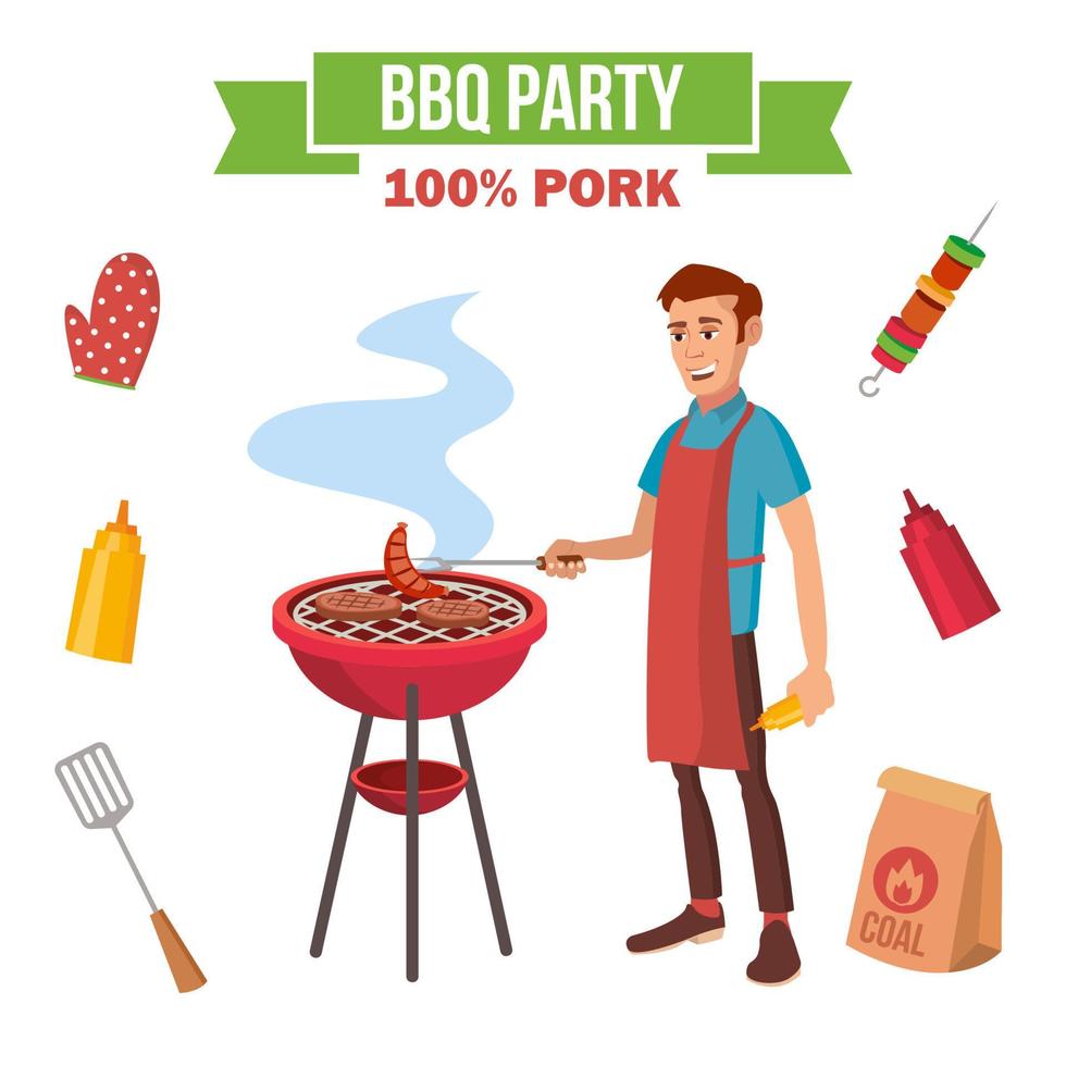 BBQ Grill Meat Cooking Vector. Man Cooking Meat. Outdoor Rest. Cartoon Character Illustration vector