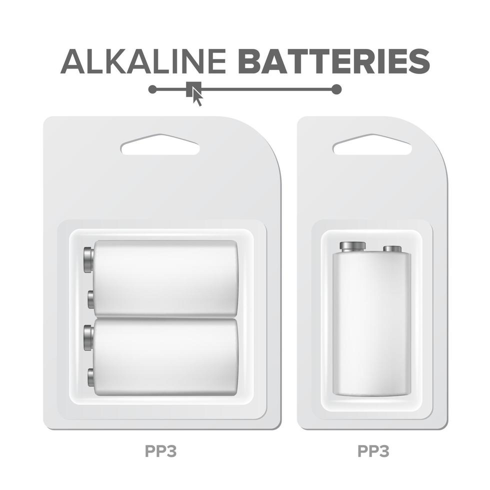 PPS Batteries Packed Vector. Alkaline Battery In Blister. Realistic Glossy Battery Accumulator. Mock Up Good For Branding Design. Closeup Isolated Illustration vector