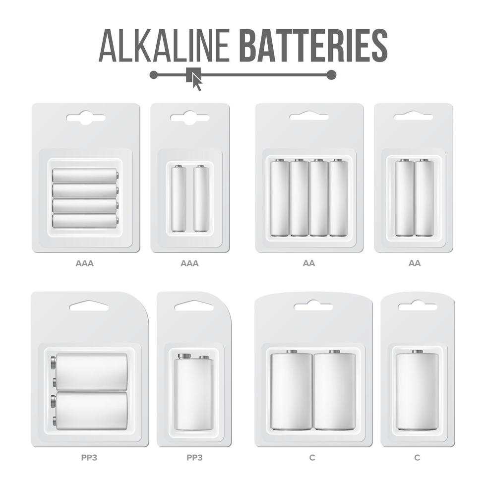 Batteries Packed Set Vector. Different Types AAA, AA, C, D, PP3, 9 Volt. Alkaline Battery In Blister. Realistic Glossy Battery Accumulator. Mock Up For Branding Design. Closeup Isolated Illustration vector