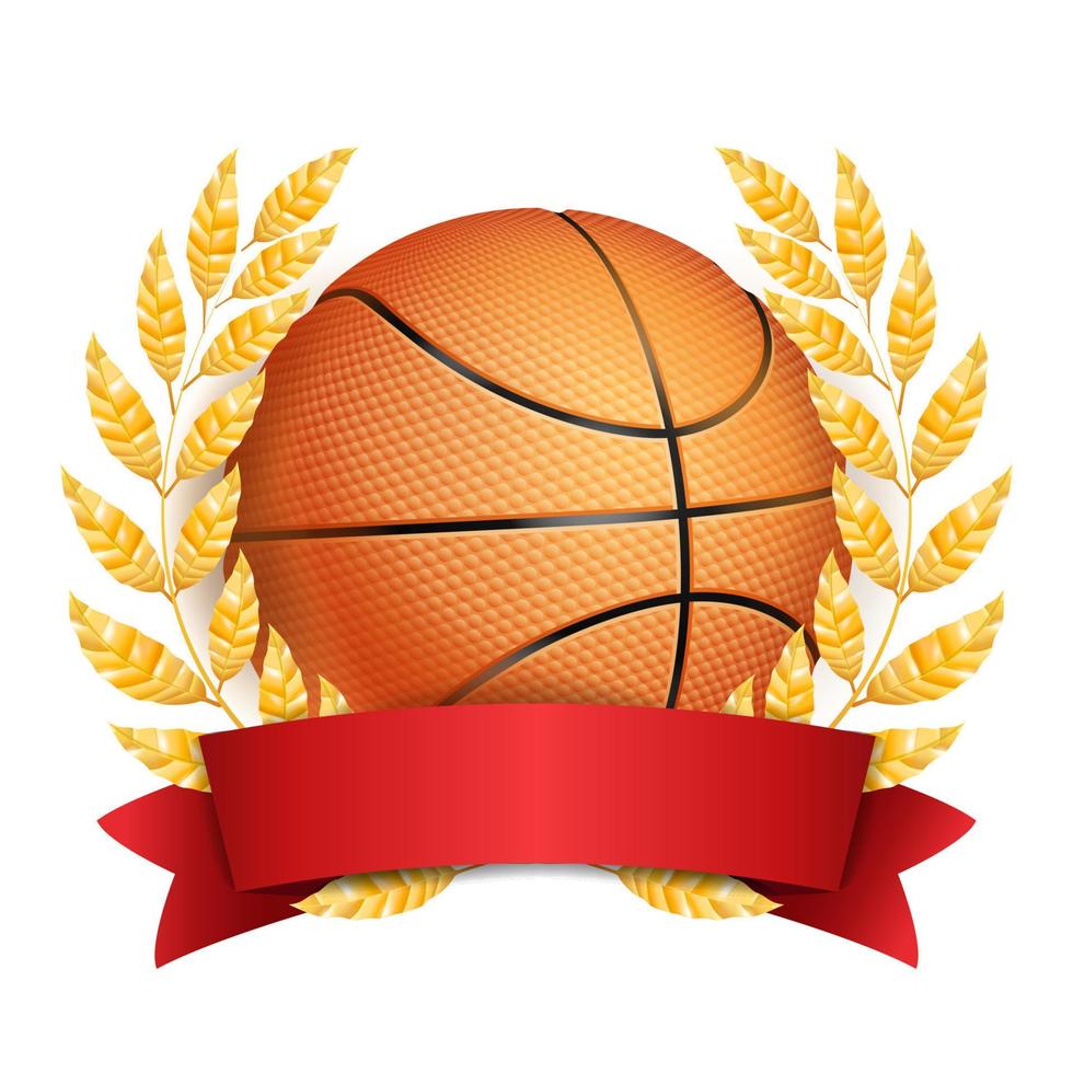vector de premio de baloncesto. fondo de pancarta deportiva. bola naranja, cinta roja, corona de laurel. ilustración aislada realista 3d