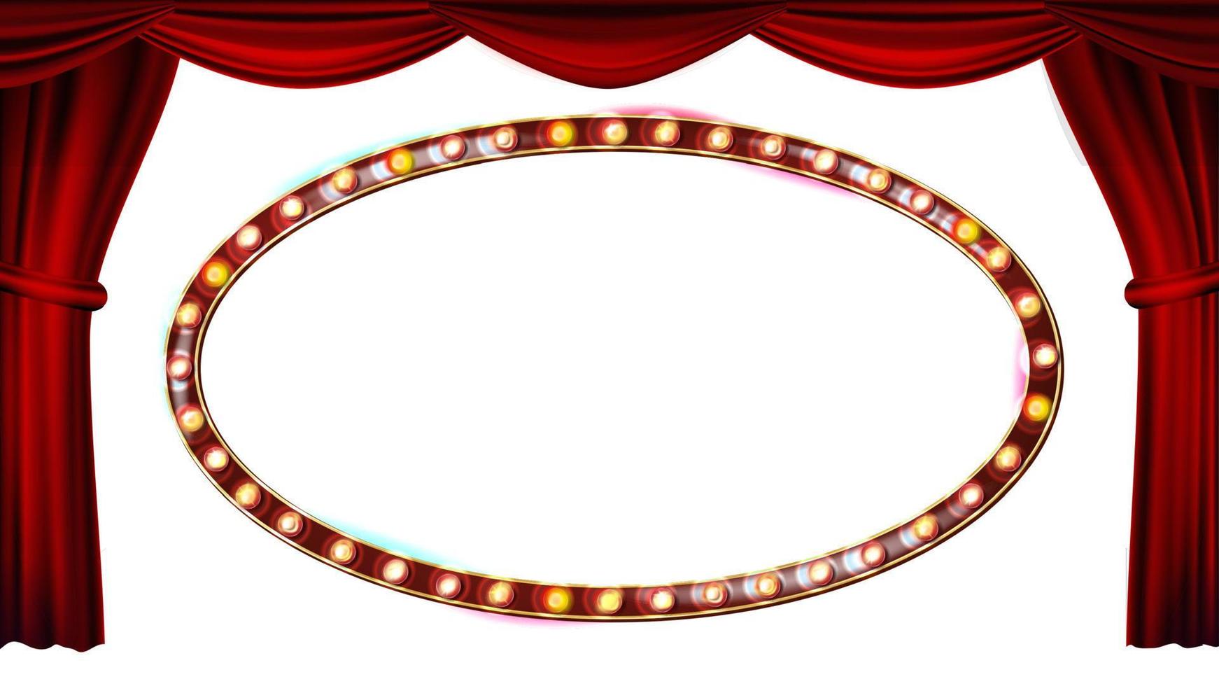 Gold Frame Light Bulbs Vector. Isolated On White Background. Red Theater Curtain. Silk Textile. Shining Retro Light Banner. Realistic Retro Illustration vector
