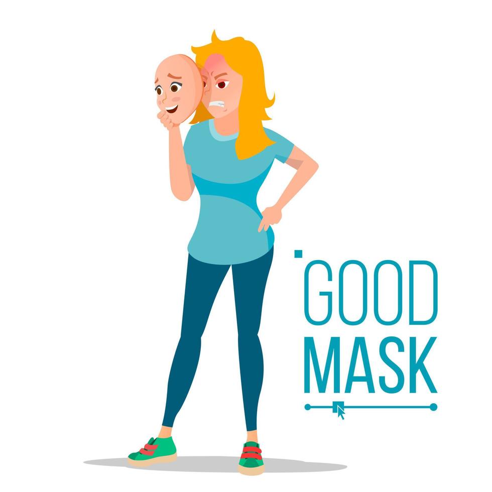 Angry Woman Wear Good Mask Vector. Bad, Tired Female. Fake Person. Deceive Concept. Isolated Flat Cartoon Business Character Illustration vector