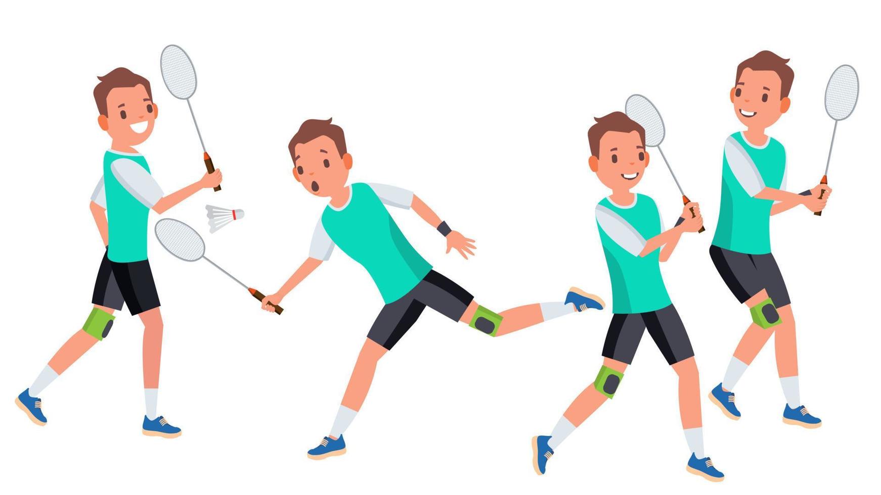 vector de jugador masculino de bádminton. en acción. raqueta. deporte moderno, hobby. sosteniendo volante. ilustración de personaje de dibujos animados