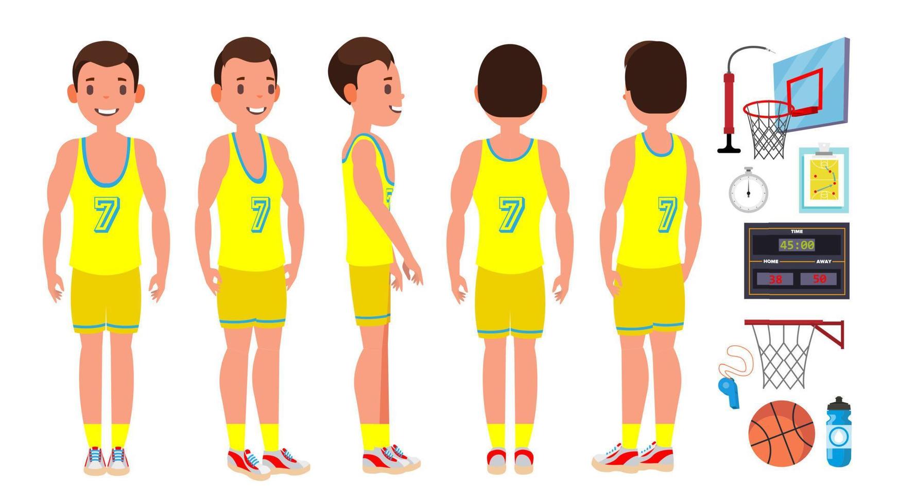 vector masculino de jugador de baloncesto. posición diferente. estilo de vida saludable. ilustración de personaje de dibujos animados plano aislado