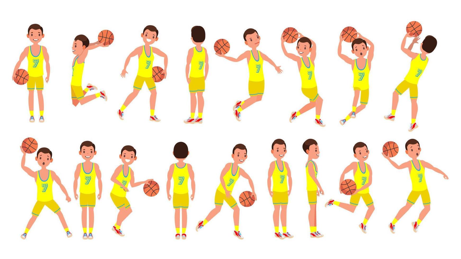 vector de jugador masculino de baloncesto. uniforme amarillo. jugando con una pelota. estilo de vida saludable. pegatinas de acción de equipo. ilustración de personaje de dibujos animados