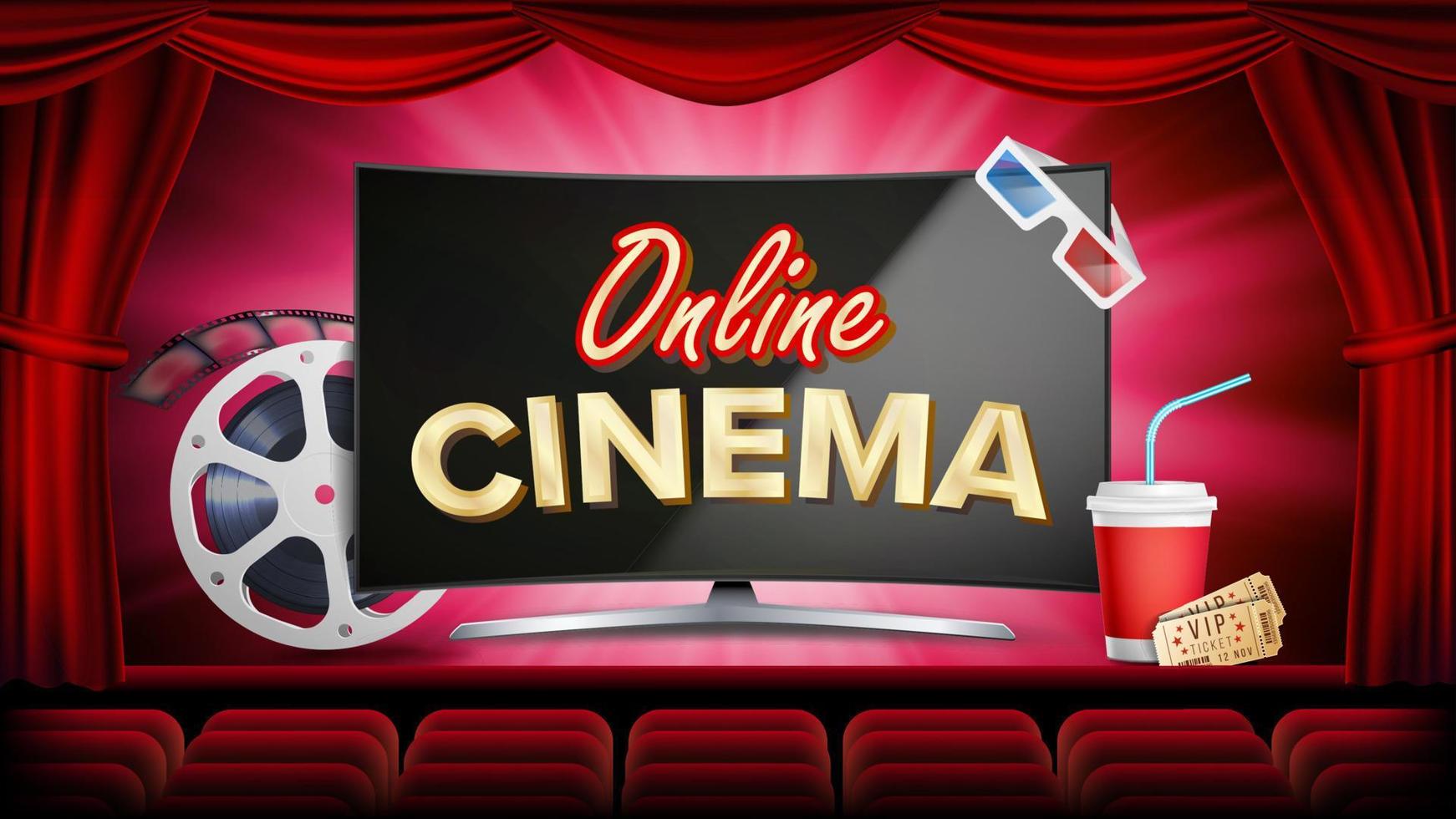 vector de cine en línea. pancarta con monitor de computadora. cortina roja. teatro, gafas 3d, cinematografía en tiras de película. banner de película en línea, póster. ilustración