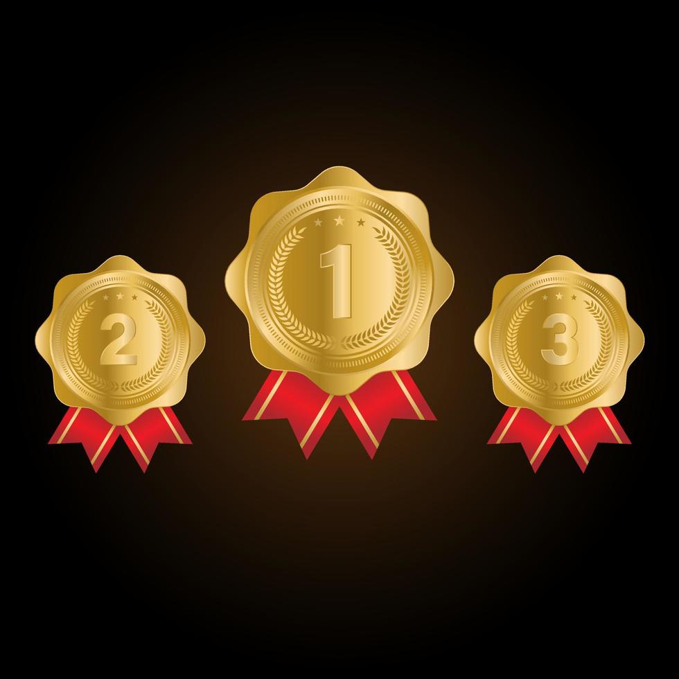 1st, 2nd, 3rd Sports awards three medals, gold isolated on a black background. vector illustration