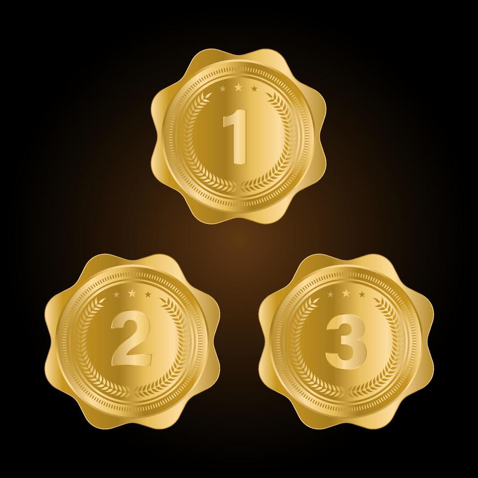 1st, 2nd, 3rd Sports awards three medals, gold isolated on a black background. vector illustration