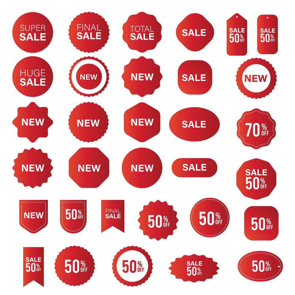 Price tags, red ribbon banners. Sale promotion, website stickers, new offer badge collection isolated. Vector illustration.