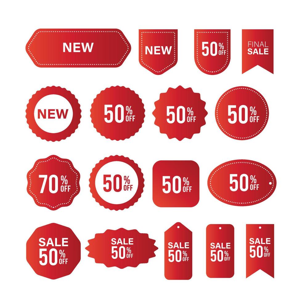 Price tags, red ribbon banners. Sale promotion, website stickers, new offer badge collection isolated. Vector illustration.