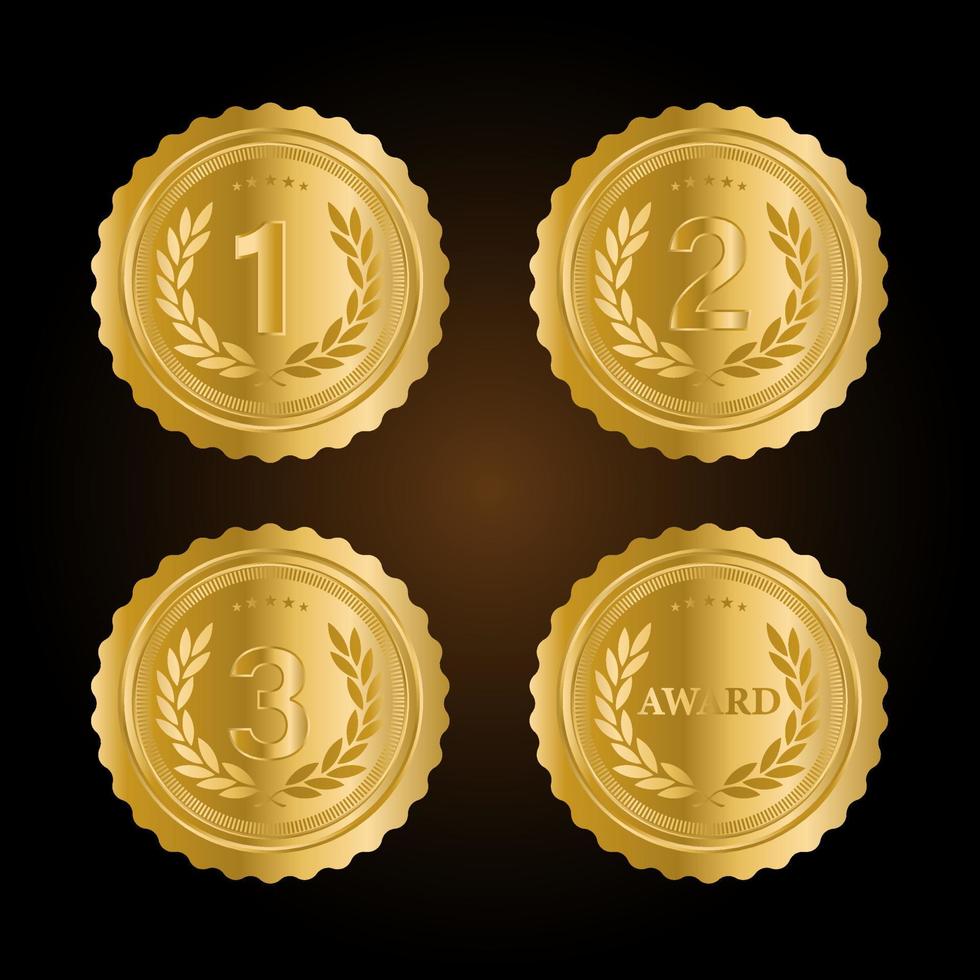1º, 2º, 3º premios deportivos tres medallas, oro aislado en un diseño de fondo negro vector