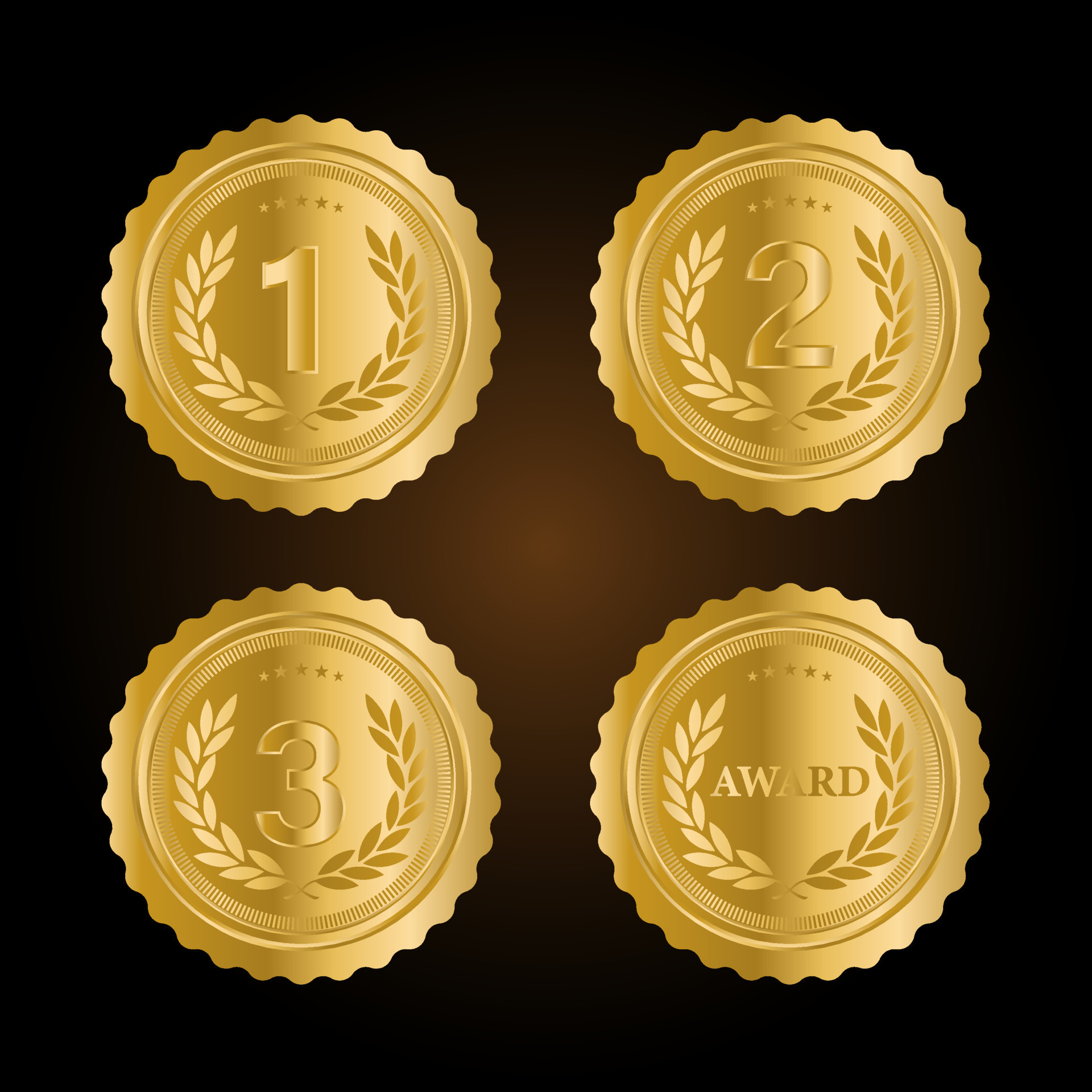 1st, 2nd, 3rd Sports awards three medals, gold isolated on a black