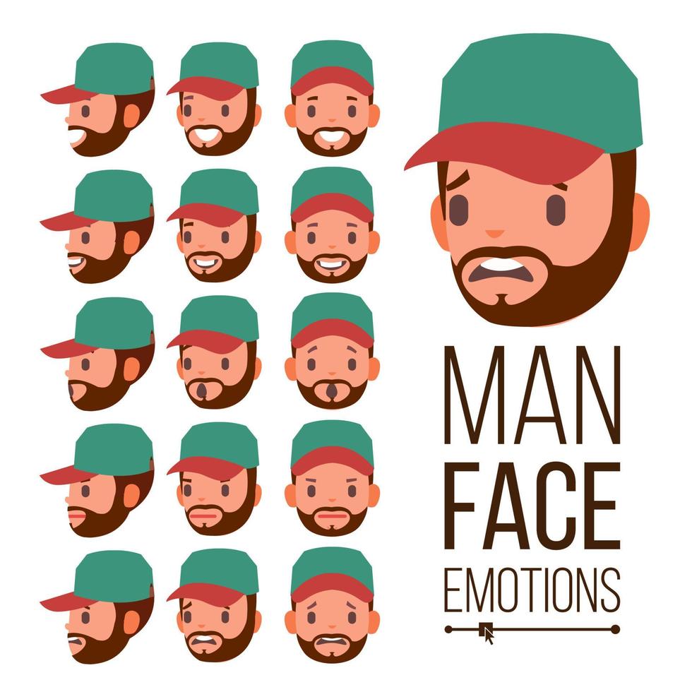 Man Emotions Vector. Face Male Variety Of Emotions. Different Facial Expressions. Isolated Flat Cartoon Illustration vector