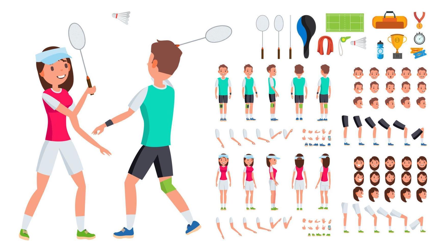 jugador de bádminton masculino, vector femenino. conjunto de creación de personajes animados. hombre, mujer de cuerpo entero, vista frontal, lateral, trasera. accesorios de bádminton poses, emociones, gestos. ilustración de dibujos animados plana