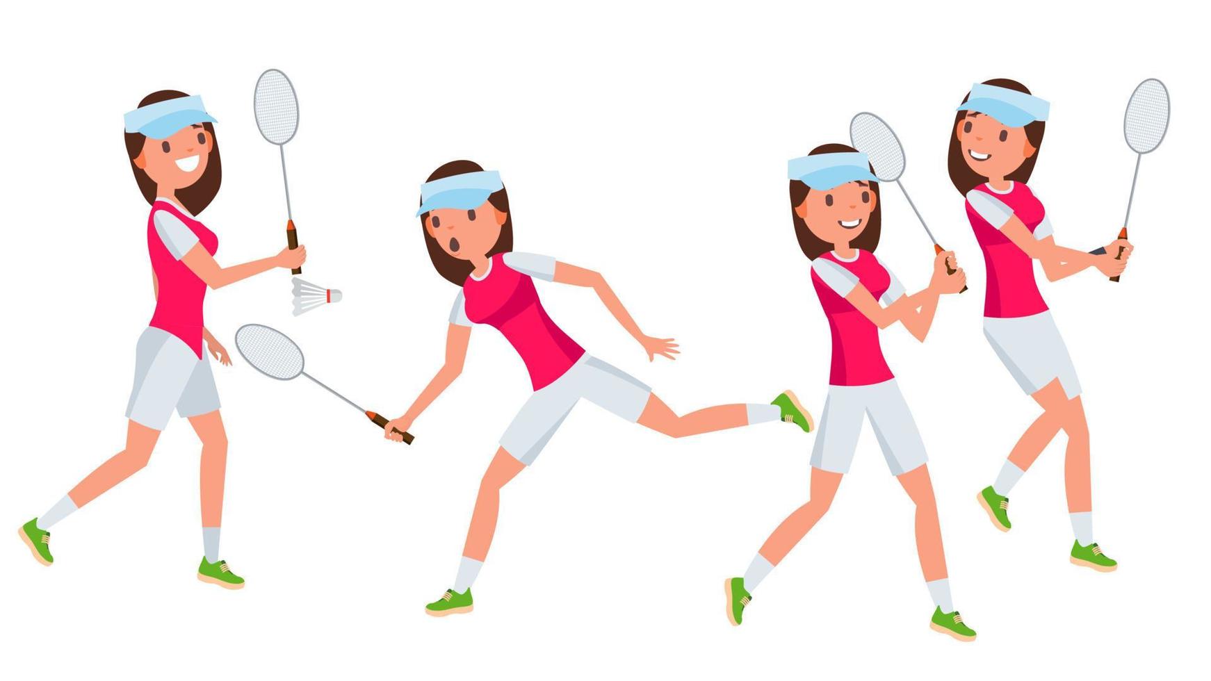 Badminton Female Player Vector. Playing In Different Poses. Woman. Athlete Isolated On White Cartoon Character Illustration vector
