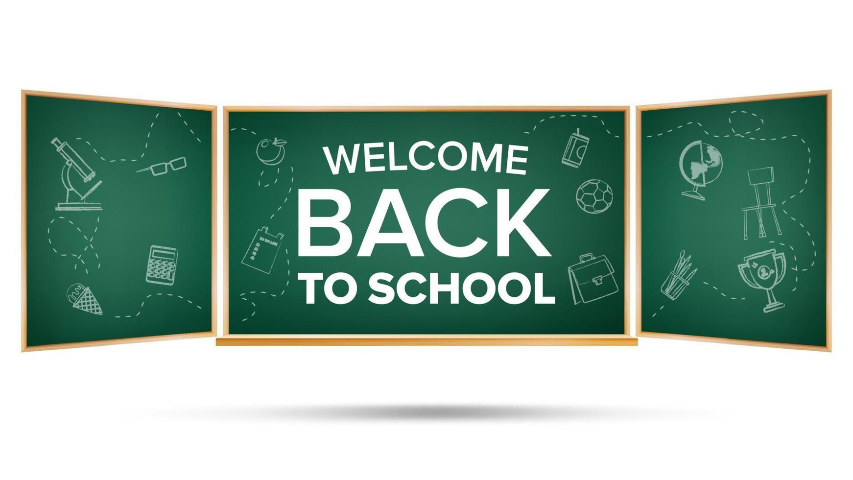 Back To School Banner Vector. Green. Classroom Chalkboard. Doodle Icons. Sale Flyer. Welcome. Retail Marketing Promotion. Realistic Illustration vector