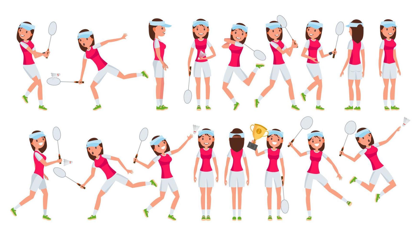 vector femenino de jugador de bádminton. jugando. atleta en uniforme. ilustración de personaje de atleta de dibujos animados