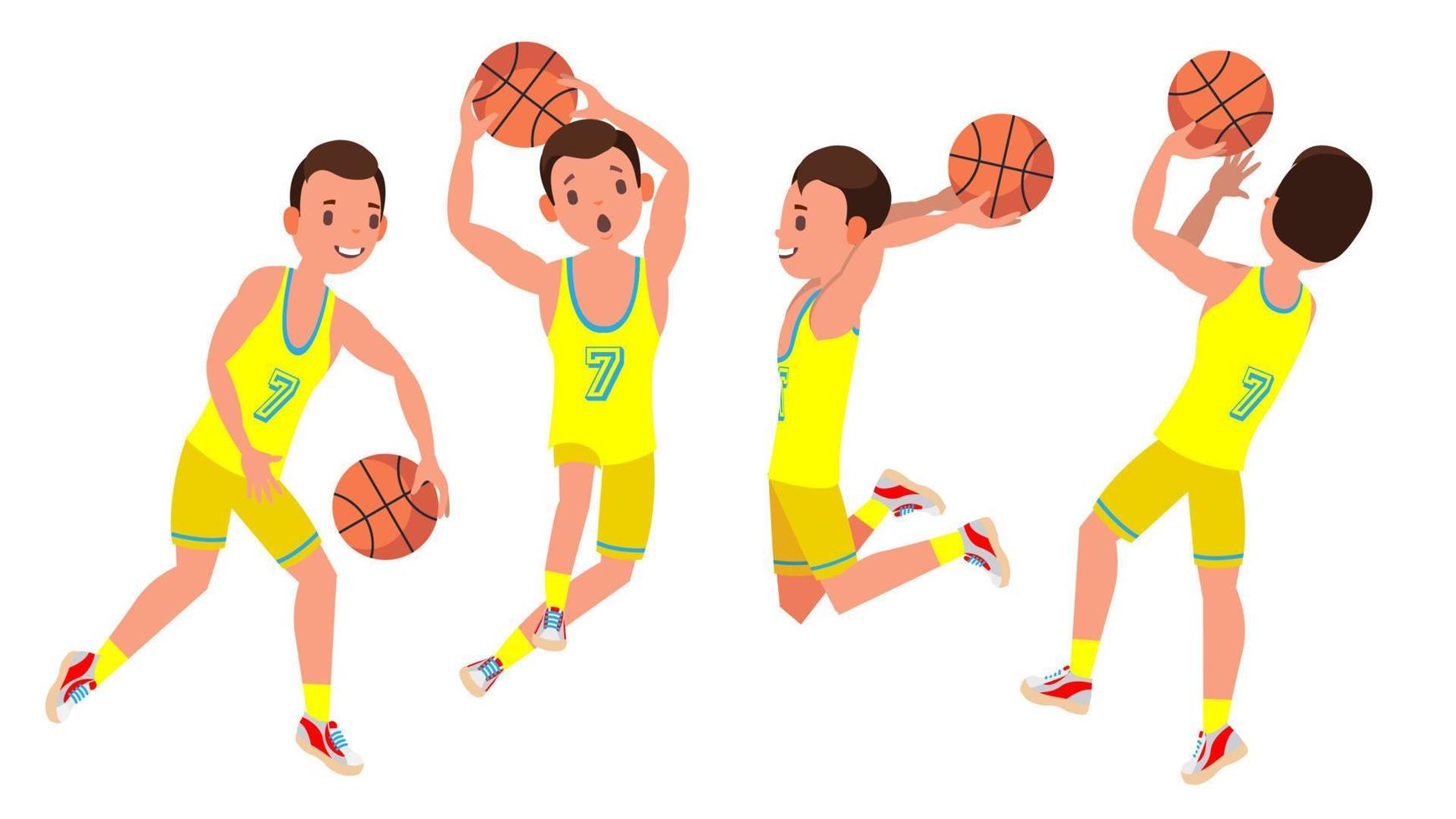 vector de jugador de baloncesto profesional. uniforme amarillo. jugando con una pelota. estilo de vida saludable. pegatinas de acción de equipo.aislado en la ilustración de personaje de dibujos animados blanco