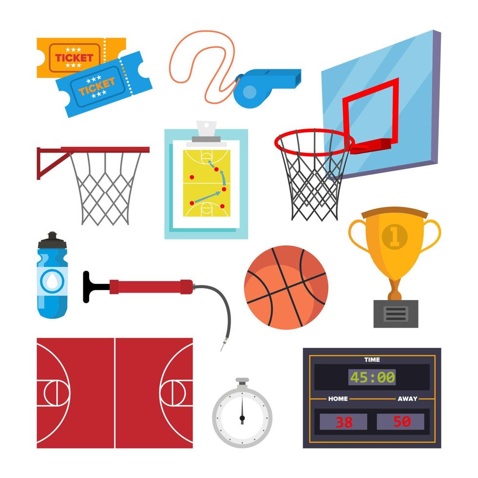 conjunto de iconos de baloncesto vector. símbolo de baloncesto deportivo y accesorios. ilustración de dibujos animados plana aislada vector
