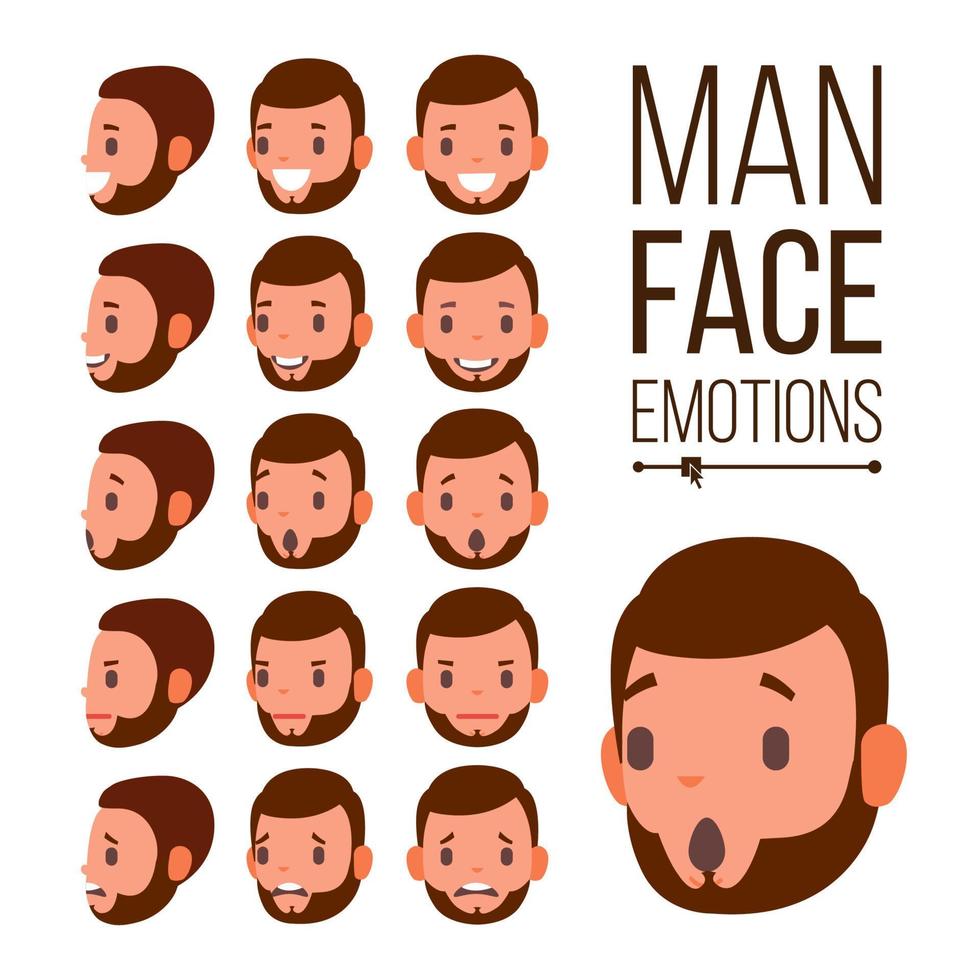 Man Emotions Vector. Young Male Face Portraits. Sadness, Anger, Rage, Surprise, Shock. Isolated Flat Cartoon Illustration vector