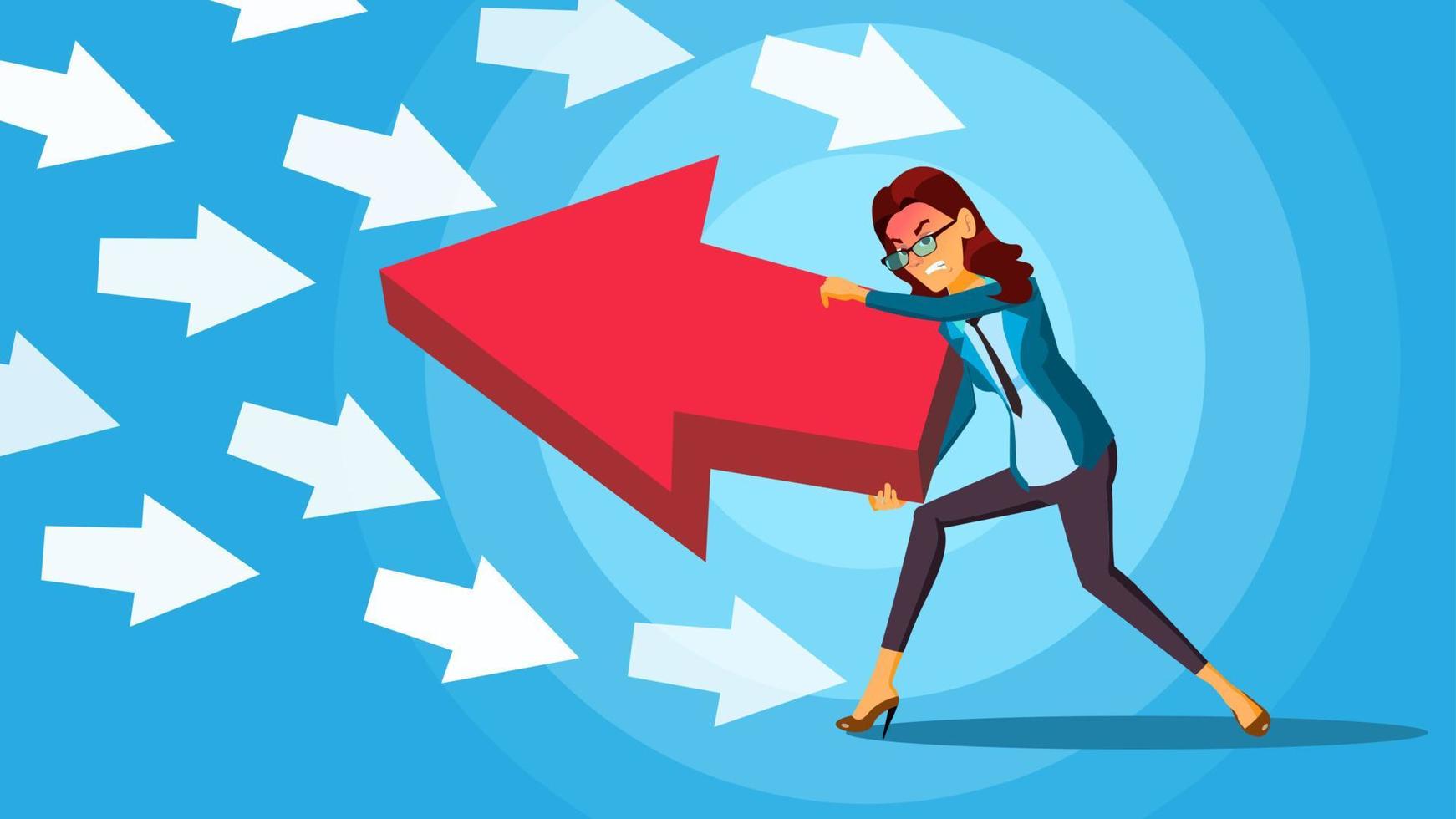 Business Woman Pushing Arrow Vector. Opponent Concept. Opposite Direction. Standing Out From The Crowd. Against Obstacles. Cartoon illustration vector
