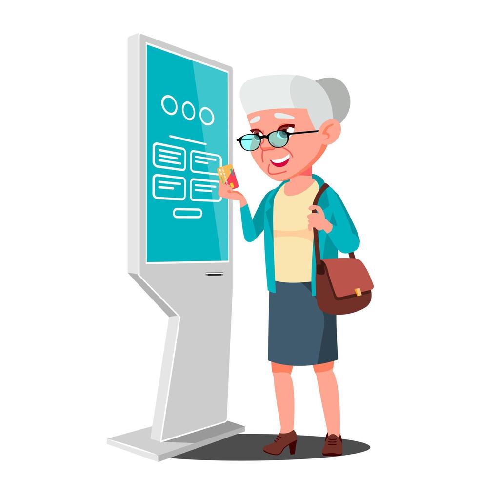 Old Woman Using ATM, Digital Terminal Vector. Advertising Touch Screen. Floor Standing. Money Deposit, Withdrawal. Isolated Flat Cartoon Illustration vector