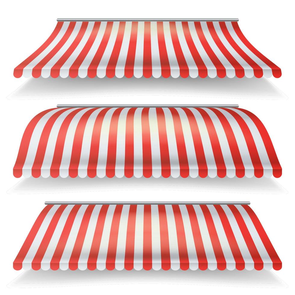 Classic Red And White Awning Vector Set. Realistic Store Awning Isolated On White Background Illustration