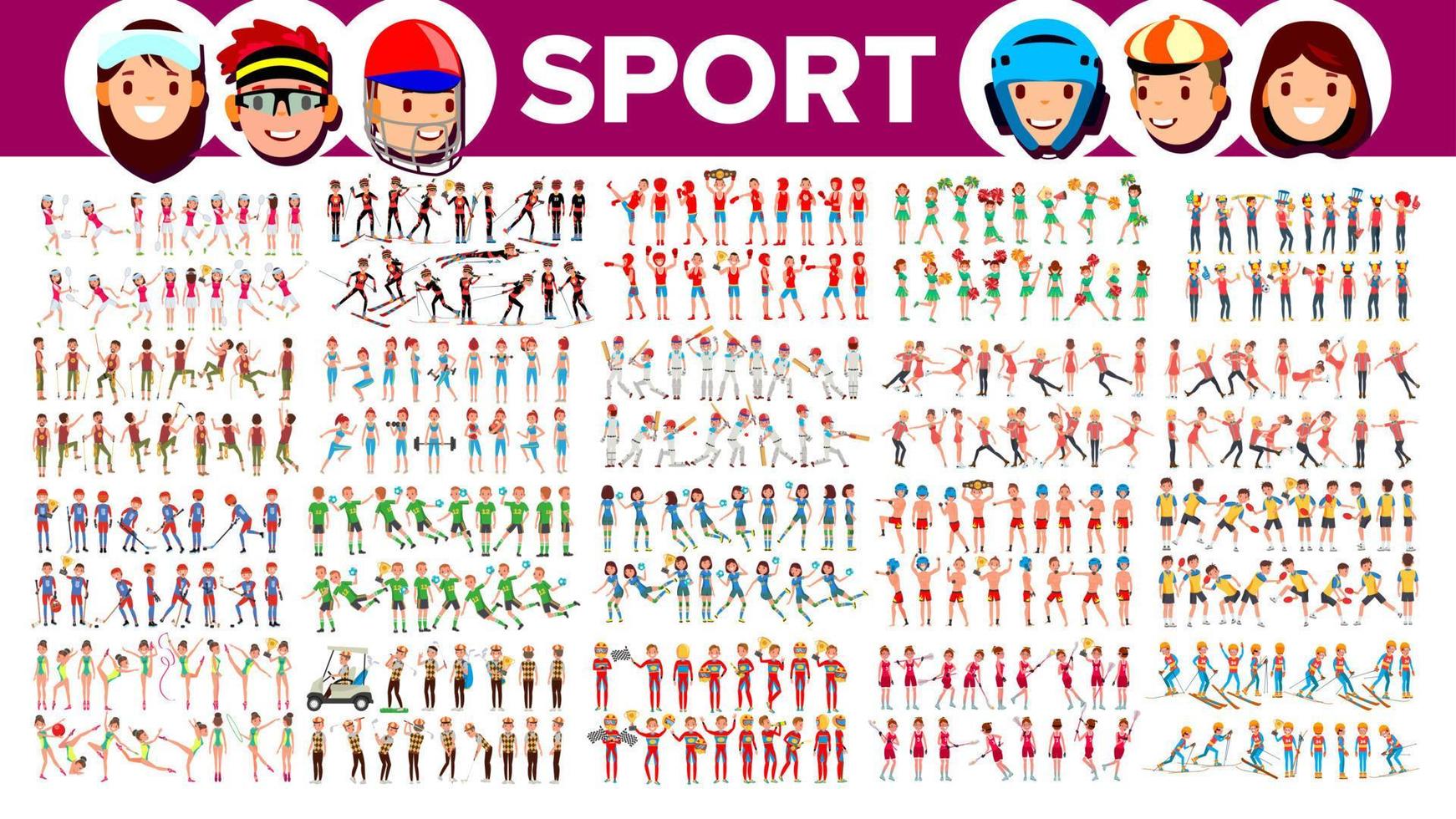 Athlete Set Vector. Man, Woman. Group Of Sports People In Uniform, Apparel. Sportsman Character In Game Action. Flat Cartoon Illustration vector