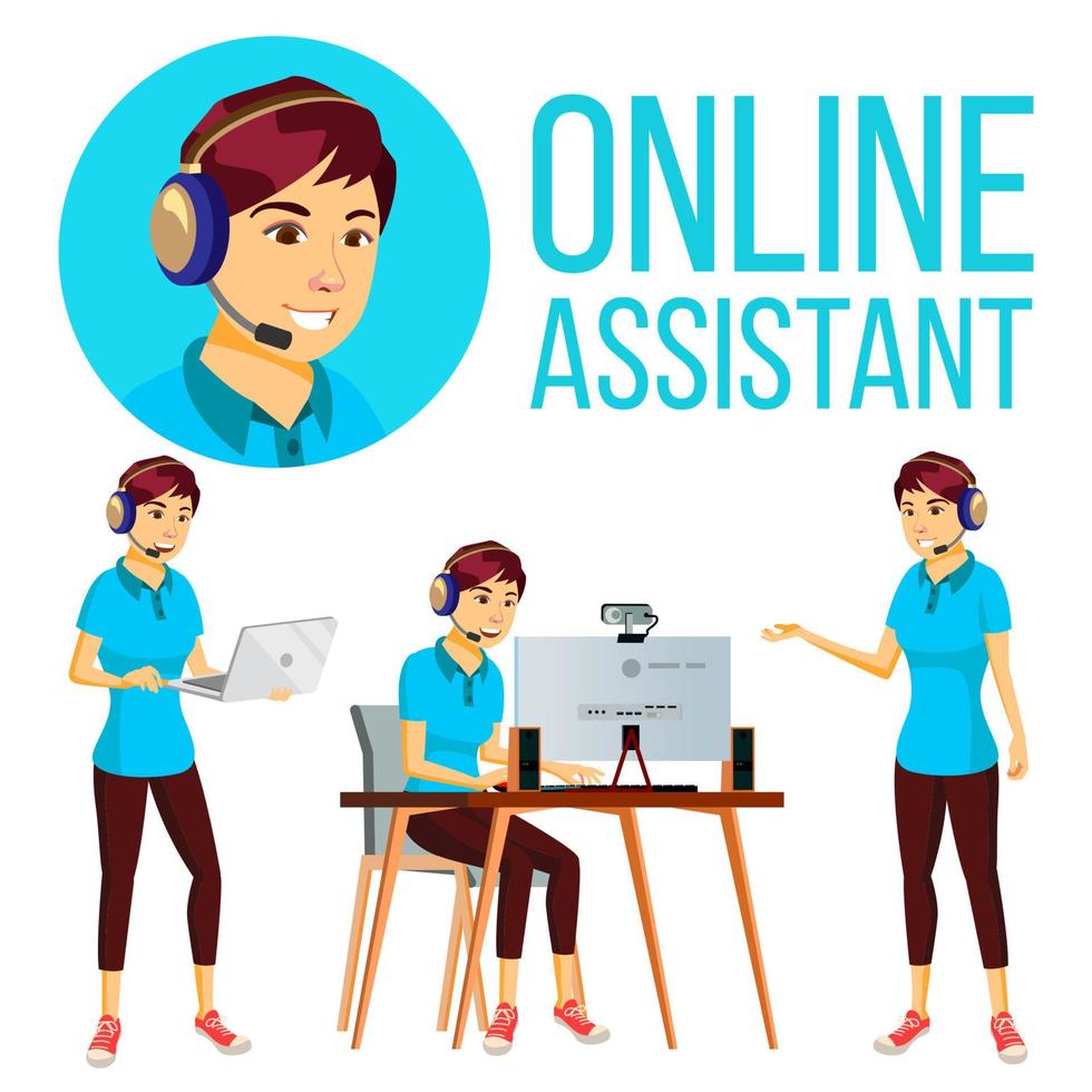 Online Assistant Asian Woman Vector. User Support Service. Hotline Operator. Illustration vector