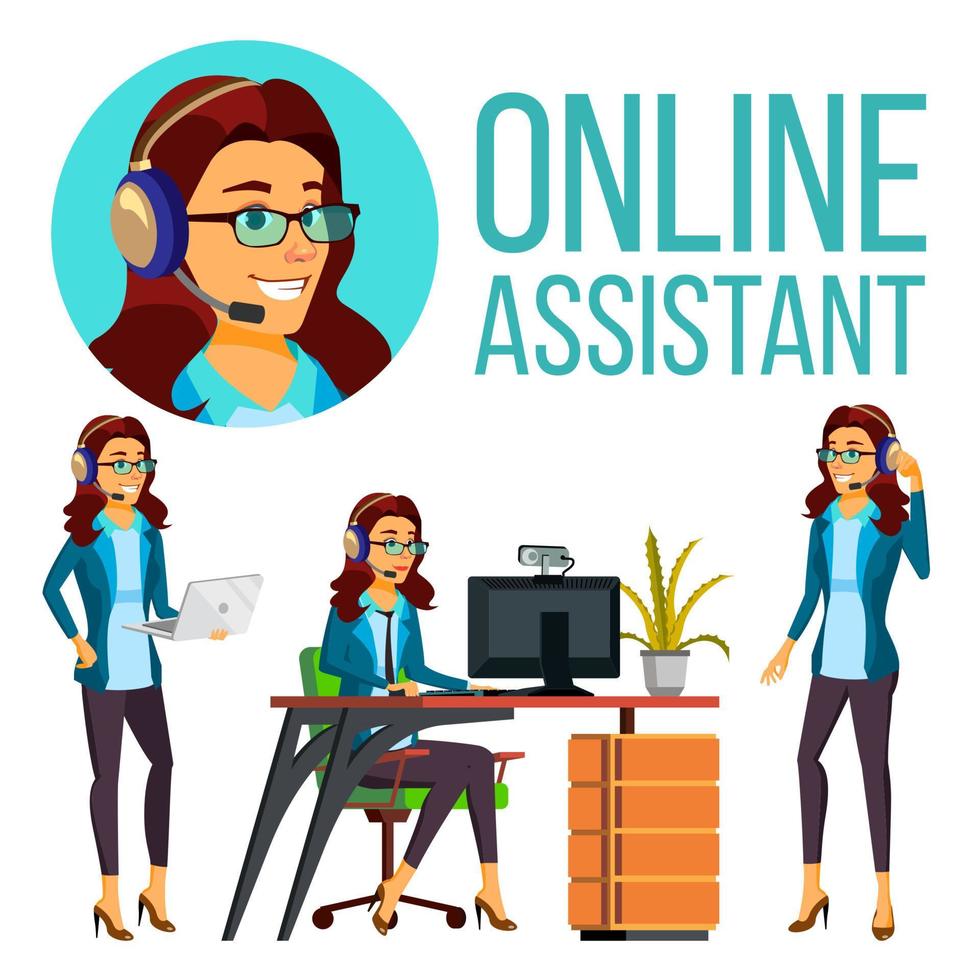 Online Assistant European Woman Vector. Headphone, Headset. Helpline Operator. Website Support. Illustration vector