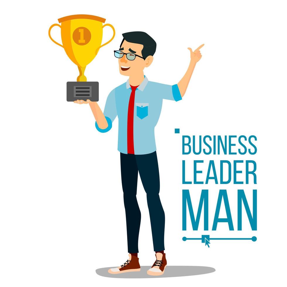 Attainment Achievement Concept Vector. Businessman Leader Holding Winner Cup. Entrepreneurship, Accomplishment. Best Worker, Achiever. Modern Office Employee, Manager Celebrating Success. Illustration vector