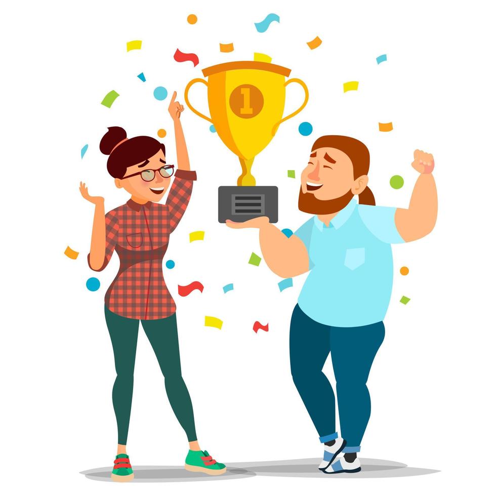 vector de concepto de logro de hombre y mujer de negocios. mejores trabajadores celebrando el éxito. logro, progreso de la empresa. objetivo de gestión. líder sosteniendo la copa de oro ganadora. ilustración de dibujos animados plana