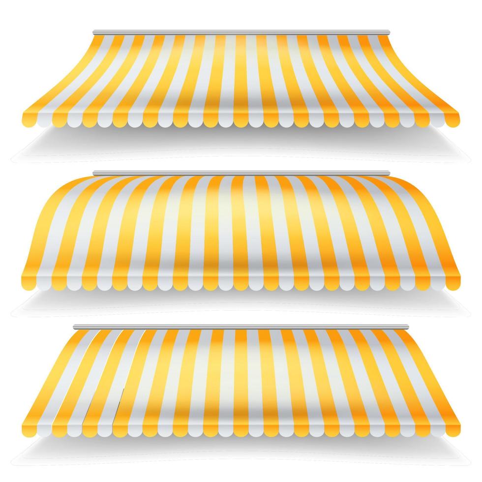 Striped Awnings Vector Set. Large Striped Awnings For Shop And Market Store. Design Element For Shops, Store Front. Isolated Illustration