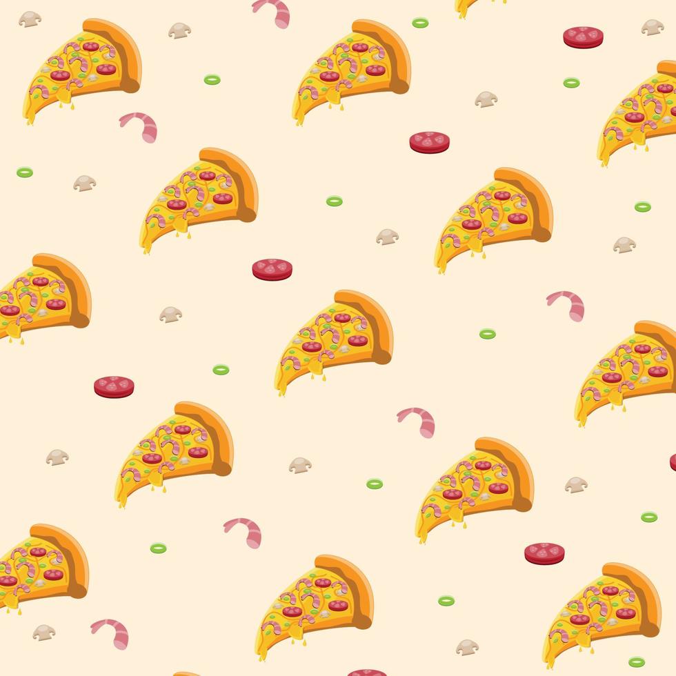 vector pizza slice pattern studded with shrimp, meat and mushrooms