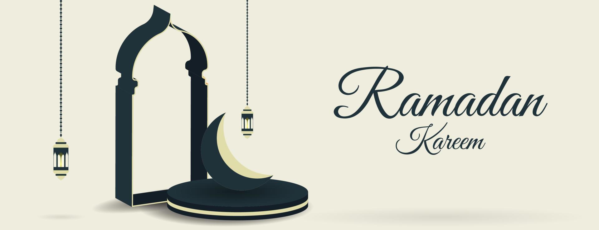 ramadan kareem banner background with podium, moon and lantern. islamic vector design
