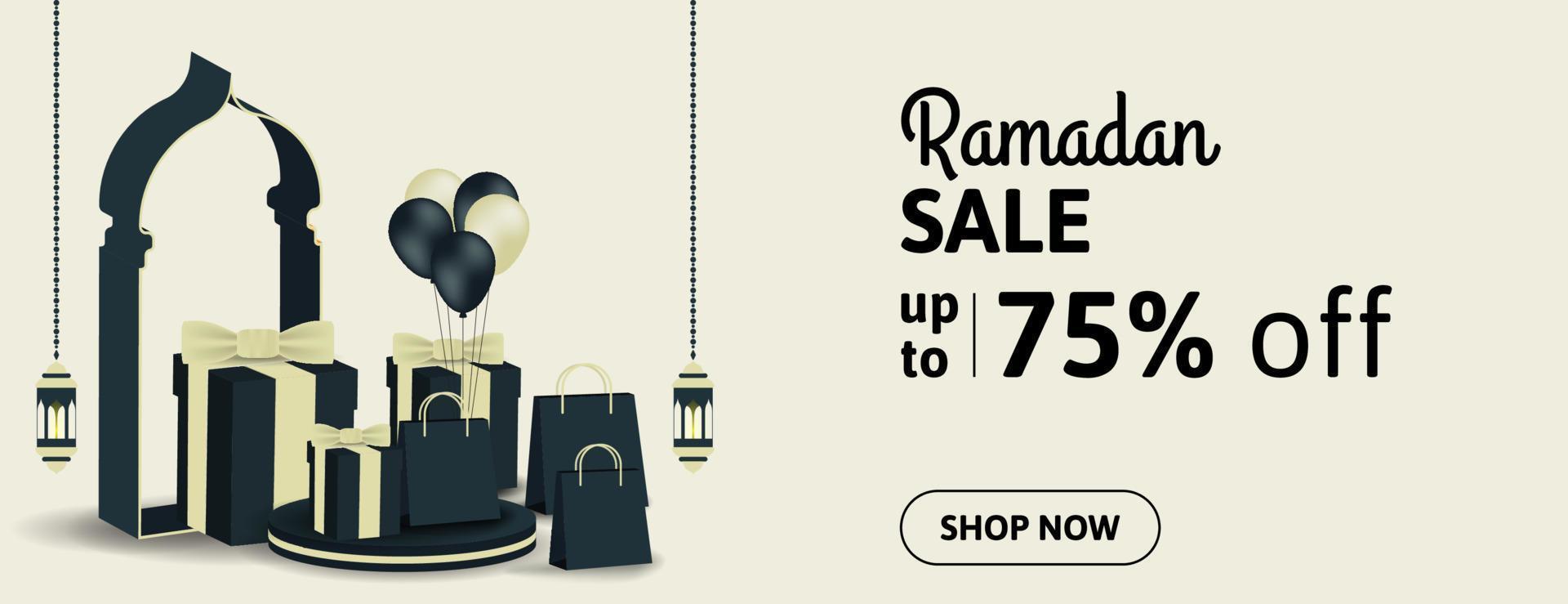 ramadan sale banner design with gift box, shopping bag, podium, and lantern. business promotion banner. vector