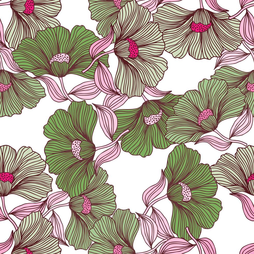 Vintage outline flower endless background. Delicate floral line seamless pattern. vector